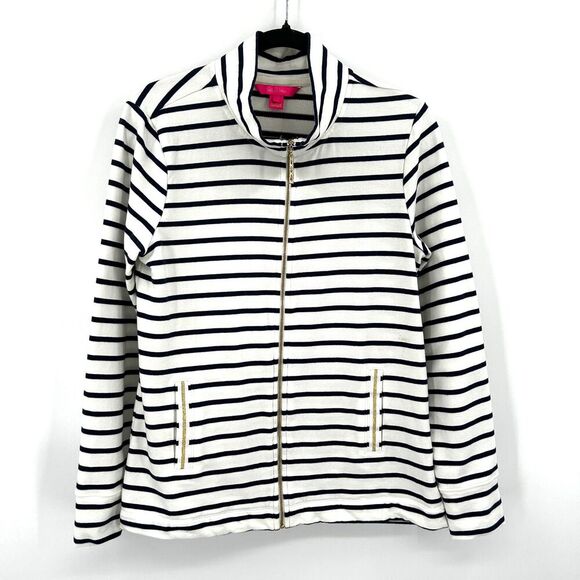 LILLY PULITZER White Navy Blue Striped Full Zip Nautical Jacket Size Medium - Picture 3 of 11